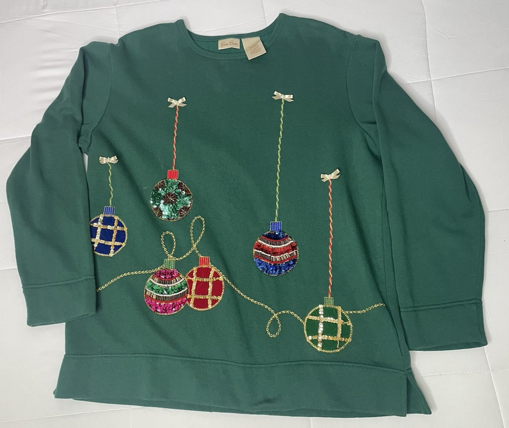 Bobbie Brooks Christmas Ornament Embellished Sweatshirt Green Women’s M 8/10